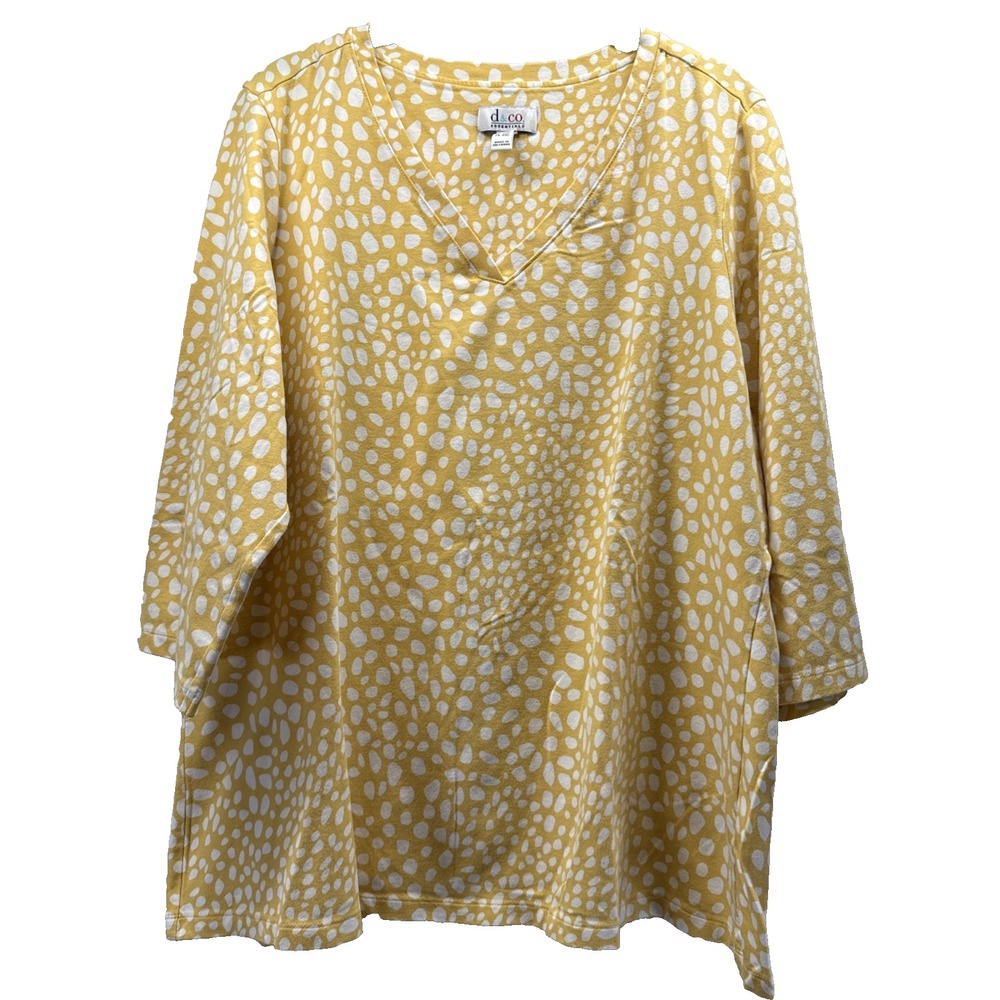 Denim & Co Women Top 1X Plus Yellow White Polka Dot 3/4 Sleeve V-Neck Blouse
